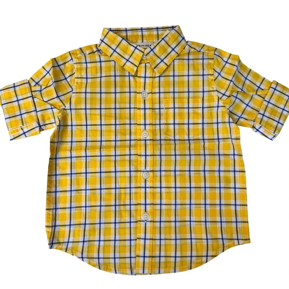 Janie and Jack Cuffed Button Down Plaid‎ Yellow Blue White Boys 18-24 Months NWT